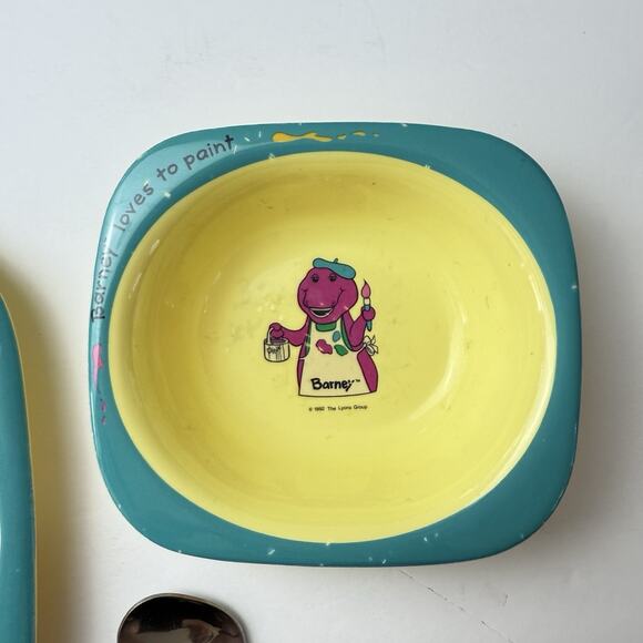 Vintage 1992 Barney The Dinosaur Melamine Dinner Set Plate Spoon Bowl T67 - Picture 3 of 9